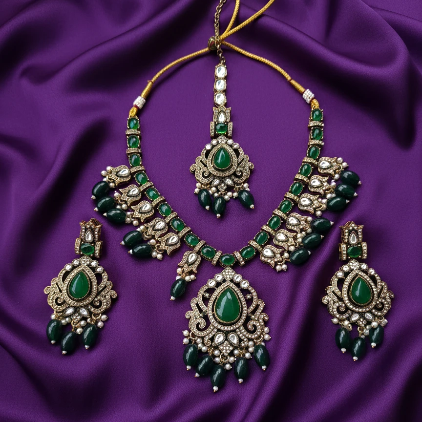 Shangri Green Kundan-Style Necklace Set with Earrings & Maang Tikka