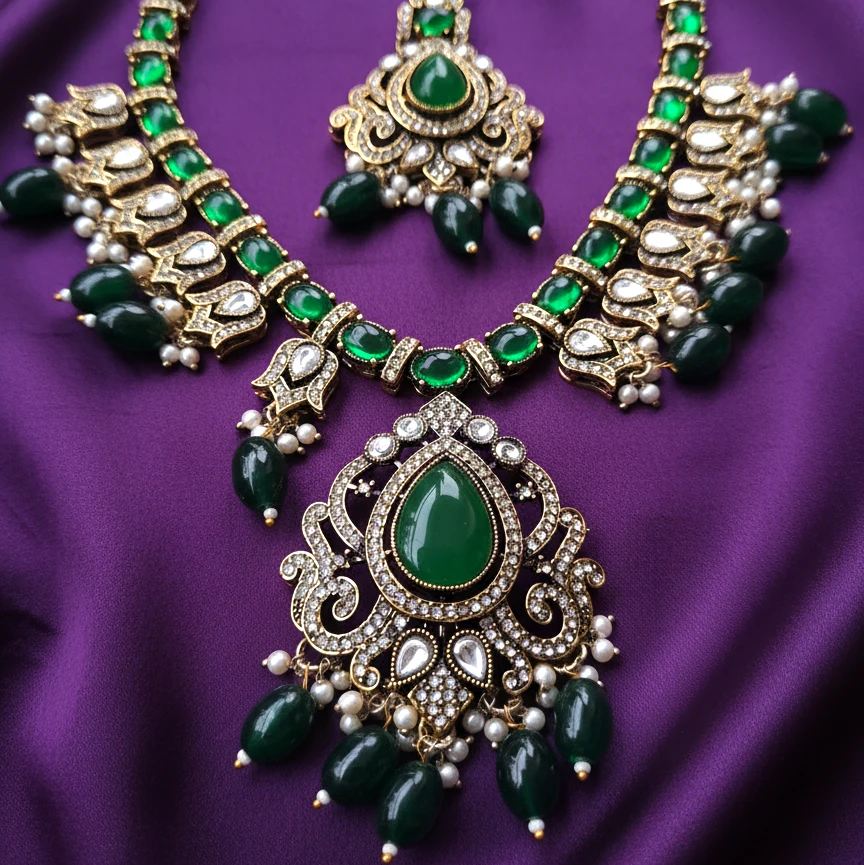 Shangri Green Kundan-Style Necklace Set with Earrings & Maang Tikka