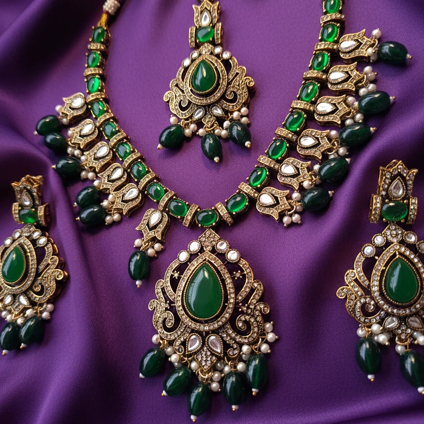 Shangri Green Kundan-Style Necklace Set with Earrings & Maang Tikka