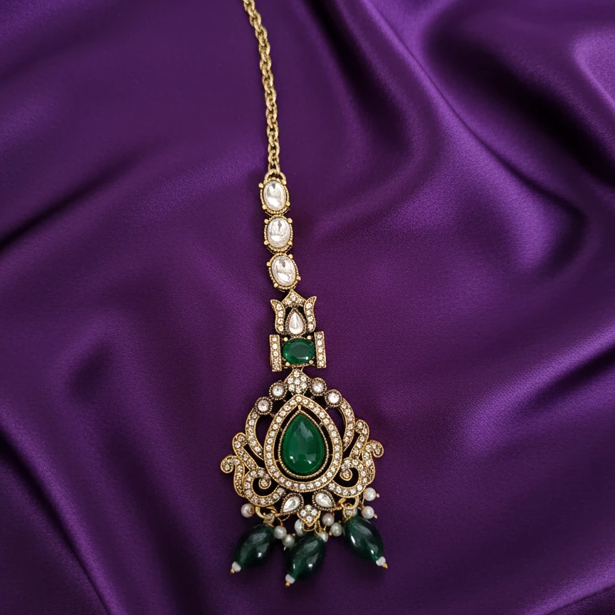 Shangri Green Kundan-Style Necklace Set with Earrings & Maang Tikka