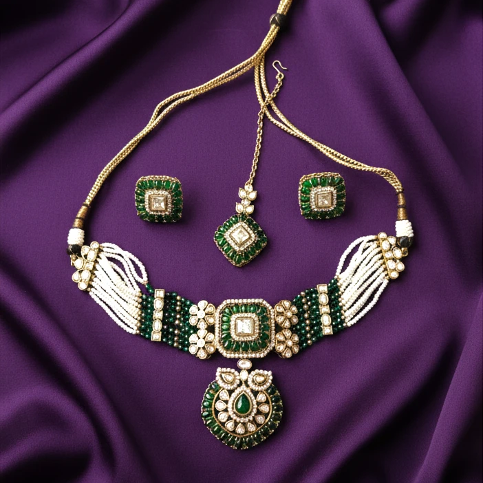 Shangri Green & White Kundan-Style Necklace Set