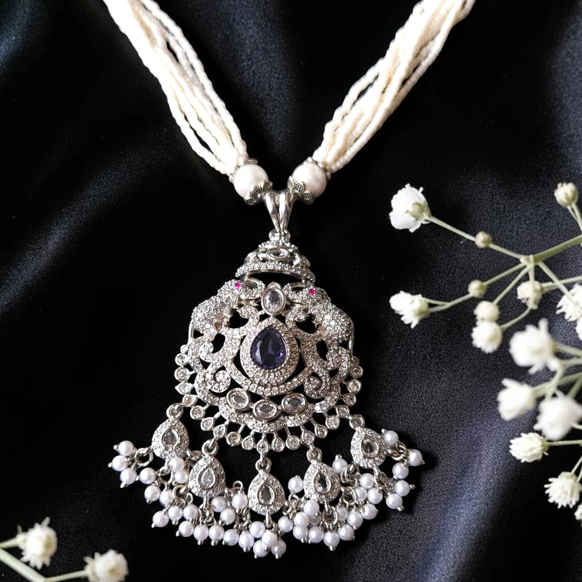 Shangri Blue & White Pearl Necklace Set with Statement Pendant