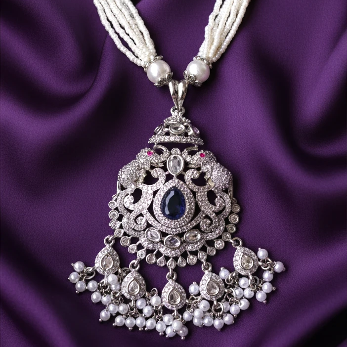 Shangri Blue & White Pearl Necklace Set with Statement Pendant