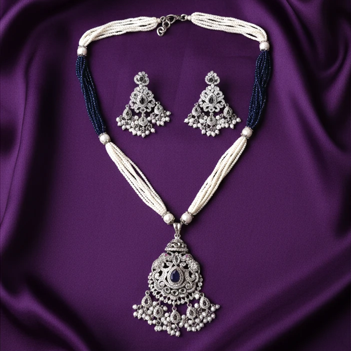 Shangri Blue & White Pearl Necklace Set with Statement Pendant