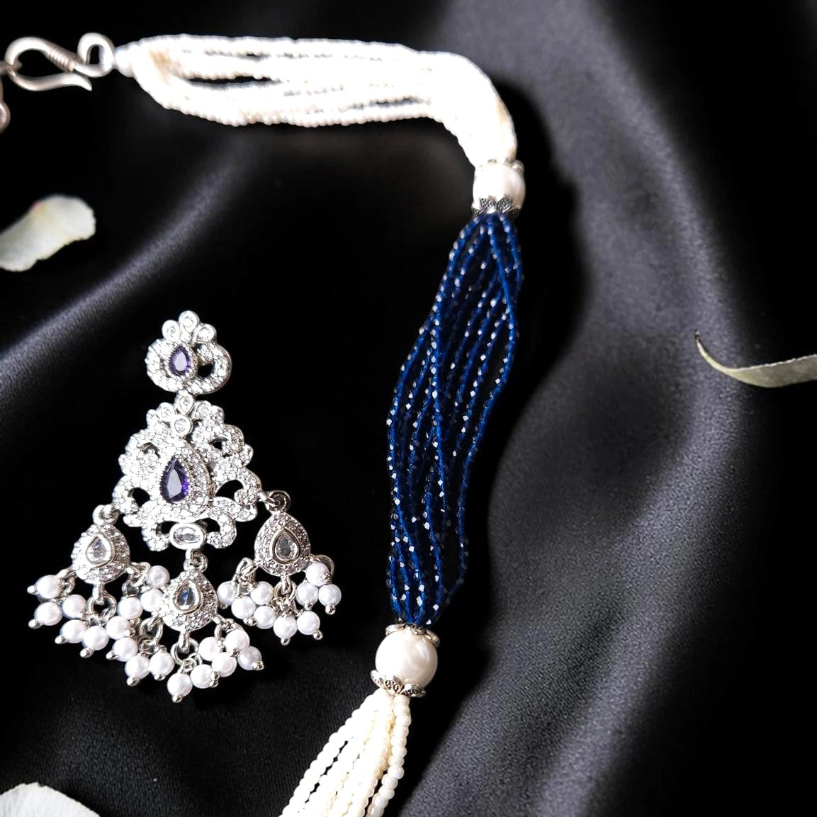 Shangri Blue & White Pearl Necklace Set with Statement Pendant