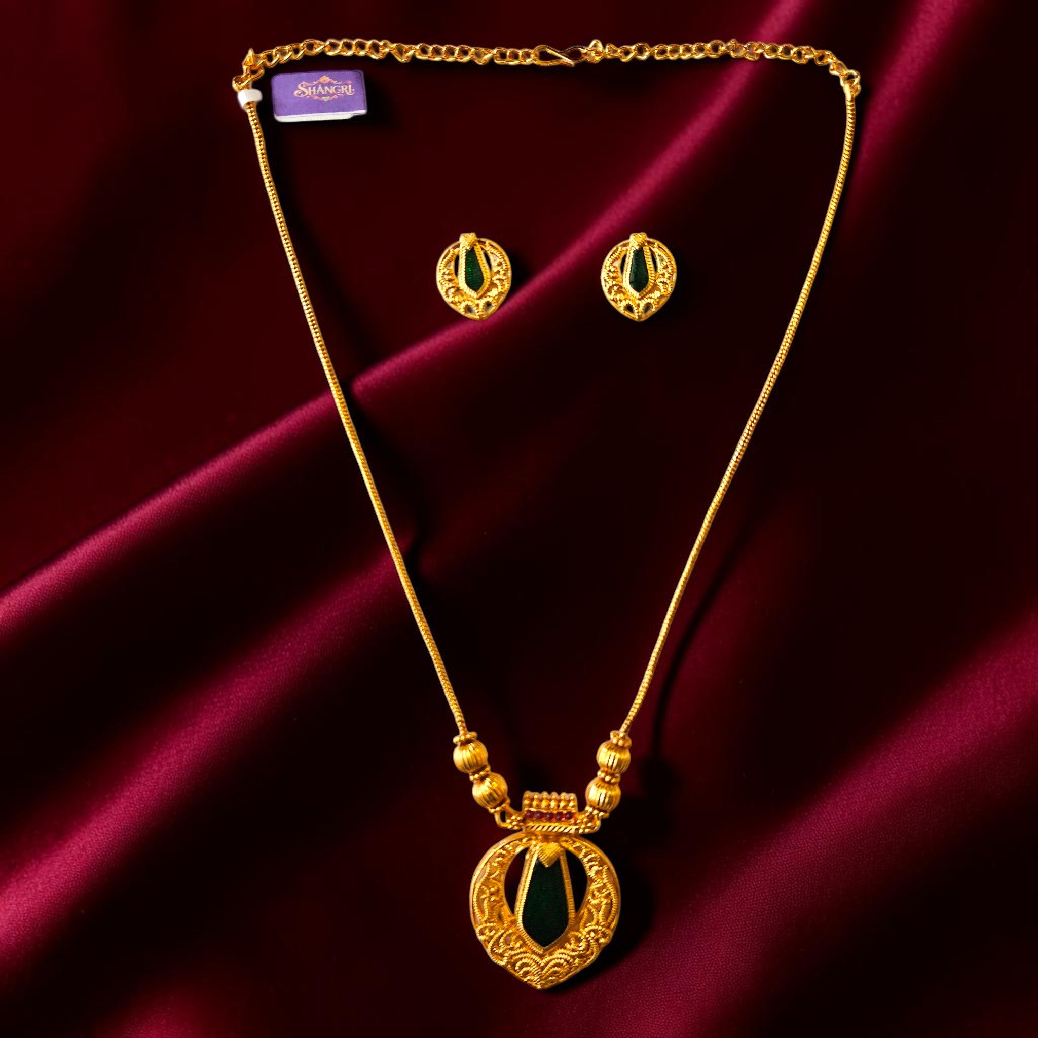 Traditional Gold Plated Green Stone Pendant Set with Matching Earrings