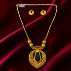 Traditional Gold Plated Green Stone Pendant Set with Matching Earrings