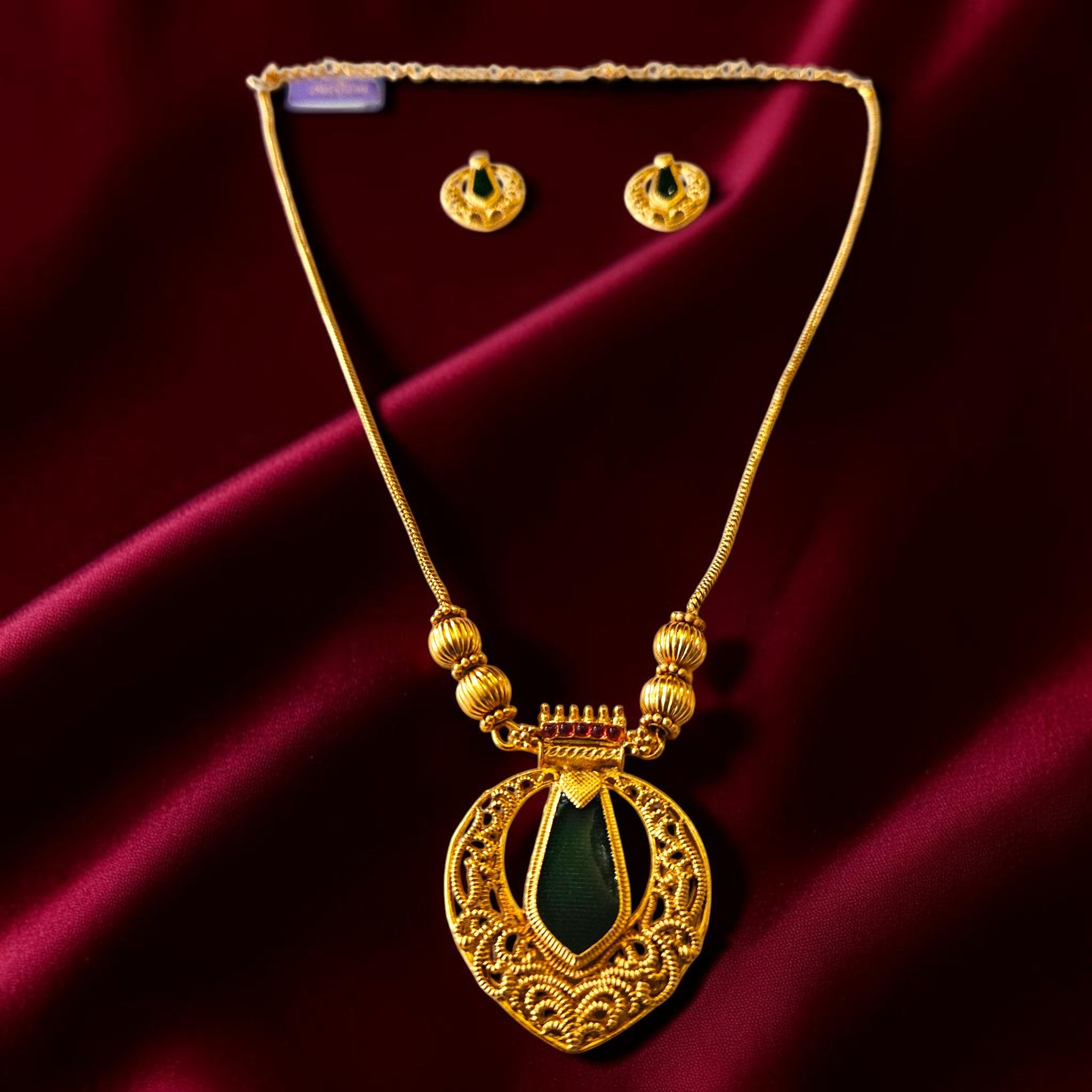 Traditional Gold Plated Green Stone Pendant Set with Matching Earrings