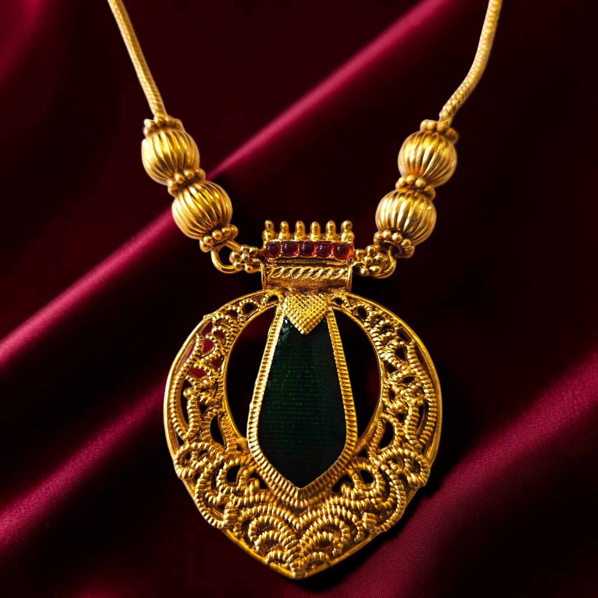 Traditional Gold Plated Green Stone Pendant Set with Matching Earrings