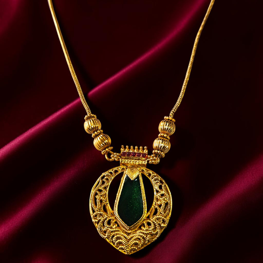 Traditional Gold Plated Green Stone Pendant Set with Matching Earrings