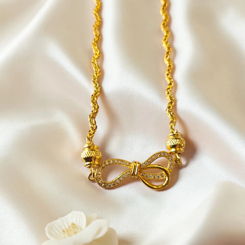 Shangri 30 Inch Gold Plated Chain Necklace with AD Stone Bow Motif