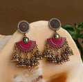 Gold-Plated Floral Stone & Enamel Jhumki Earrings – Antique Finish