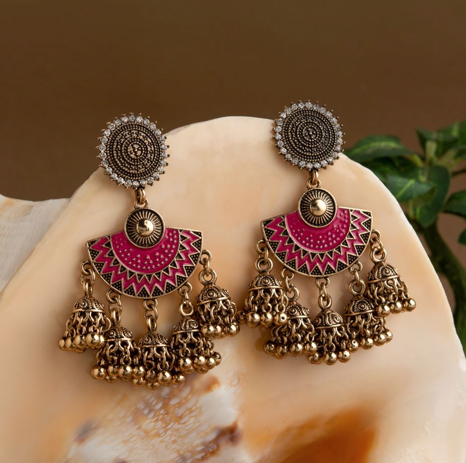 Gold-Plated Floral Stone & Enamel Jhumki Earrings – Antique Finish