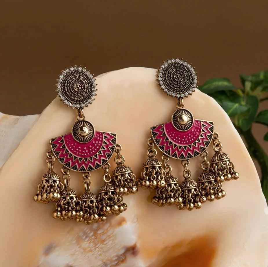 Gold-Plated Floral Stone & Enamel Jhumki Earrings – Antique Finish