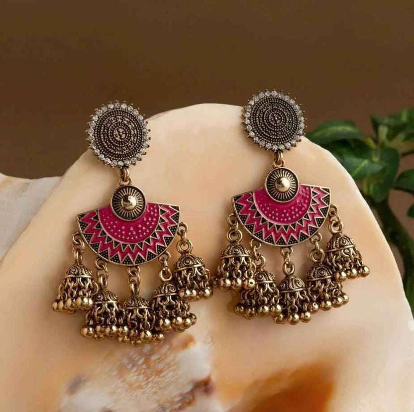 Gold-Plated Floral Stone & Enamel Jhumki Earrings – Antique Finish