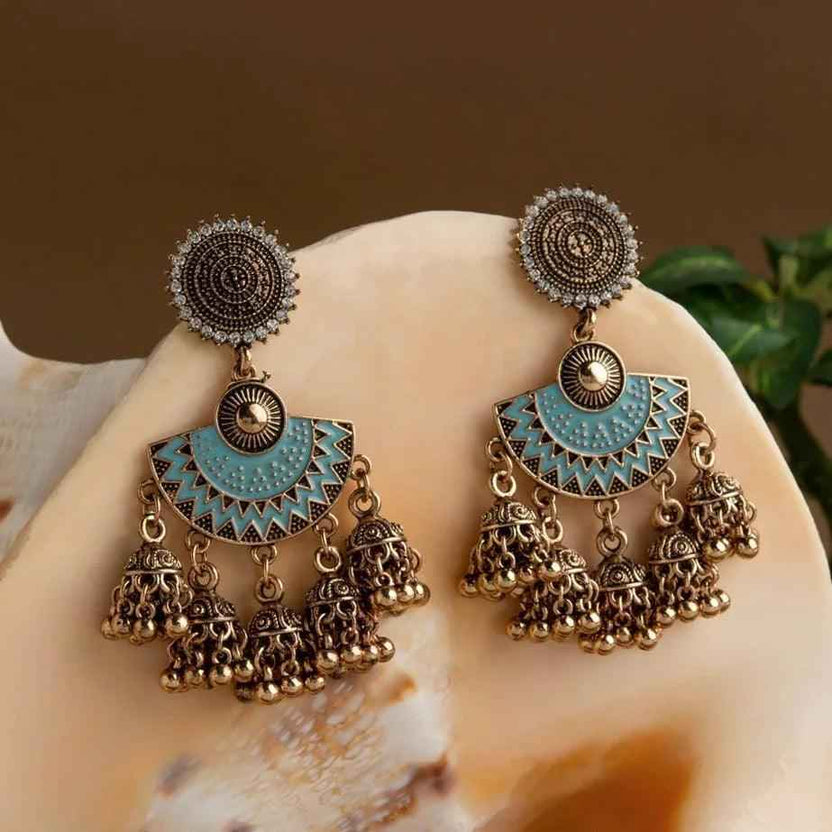 Gold-Plated Floral Stone & Enamel Jhumki Earrings – Antique Finish