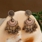 Gold-Plated Floral Stone & Enamel Jhumki Earrings – Antique Finish - Shangri 