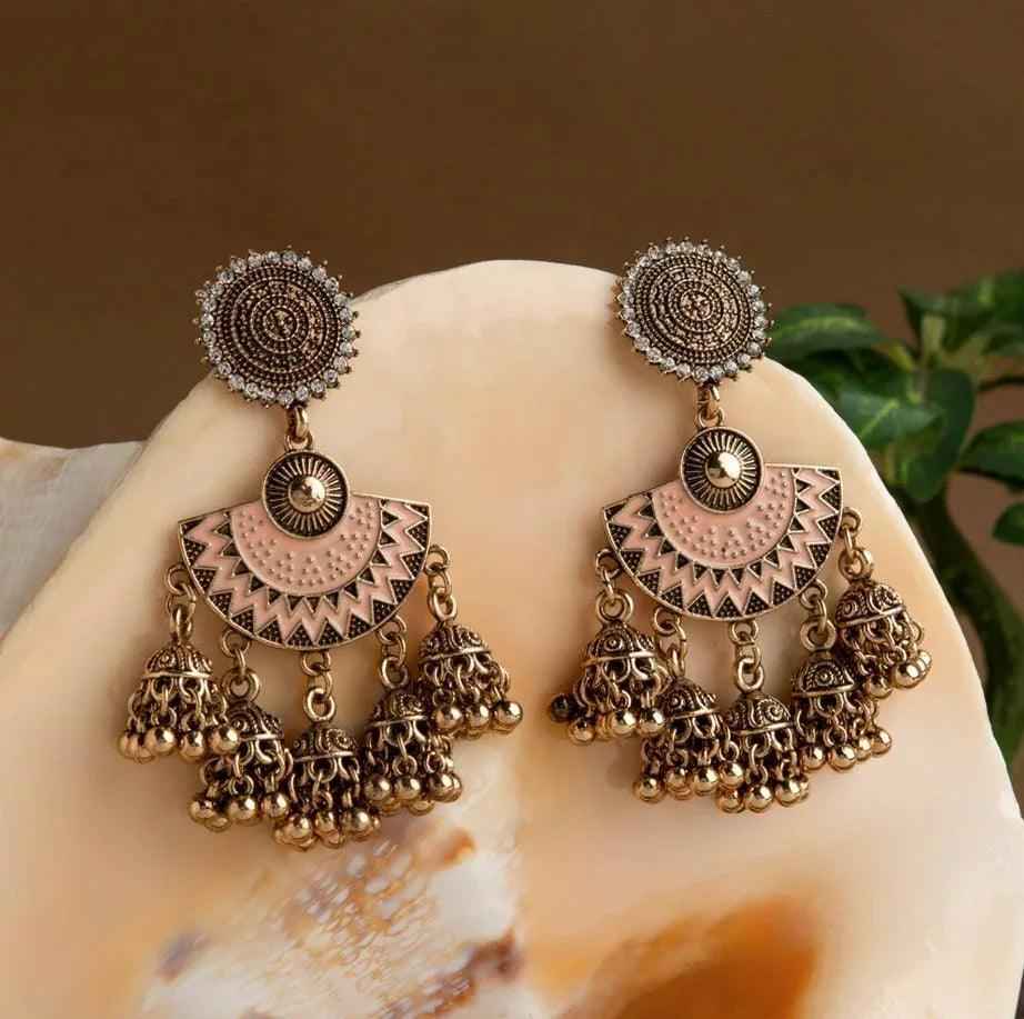 Gold-Plated Floral Stone & Enamel Jhumki Earrings – Antique Finish