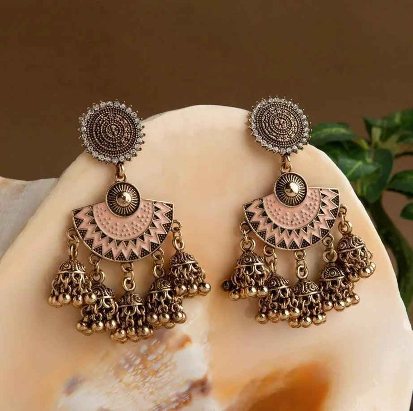 Gold-Plated Floral Stone & Enamel Jhumki Earrings – Antique Finish