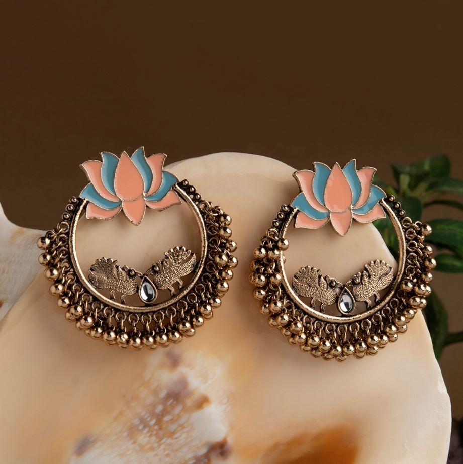 Gold-Plated Lotus Dual-Tone Enamel Earrings with Beaded Detailing
