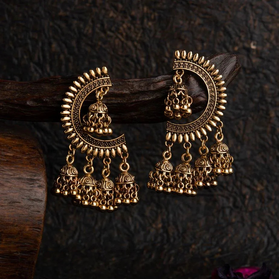Silver/Gold Plated Five-Jhumki Oxidised Artwork Earrings – Antique Finish - Shangri 