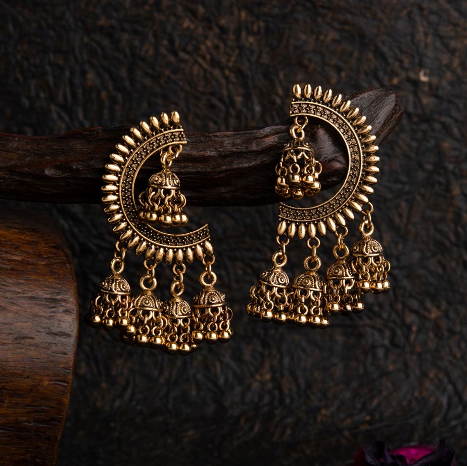 Silver/Gold Plated Five-Jhumki Oxidised Artwork Earrings – Antique Finish