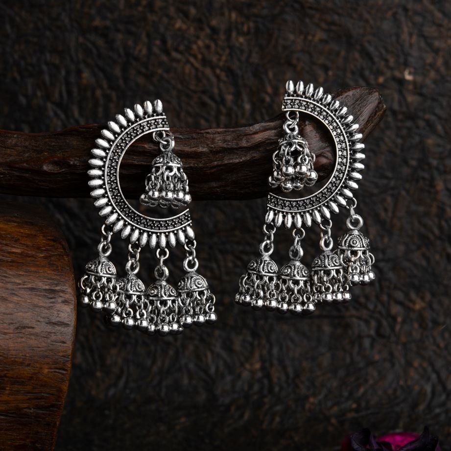 Silver/Gold Plated Five-Jhumki Oxidised Artwork Earrings – Antique Finish