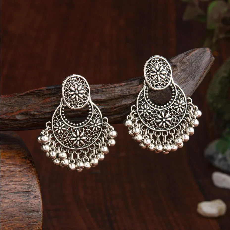 Oxidized Silver Plated Chand Bali style With Beads Fashion Antique Earring - Shangri 