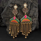 Gold/Silver Plated Geometric Enamel Earrings with Dangling Chains – Antique Finish - Shangri 
