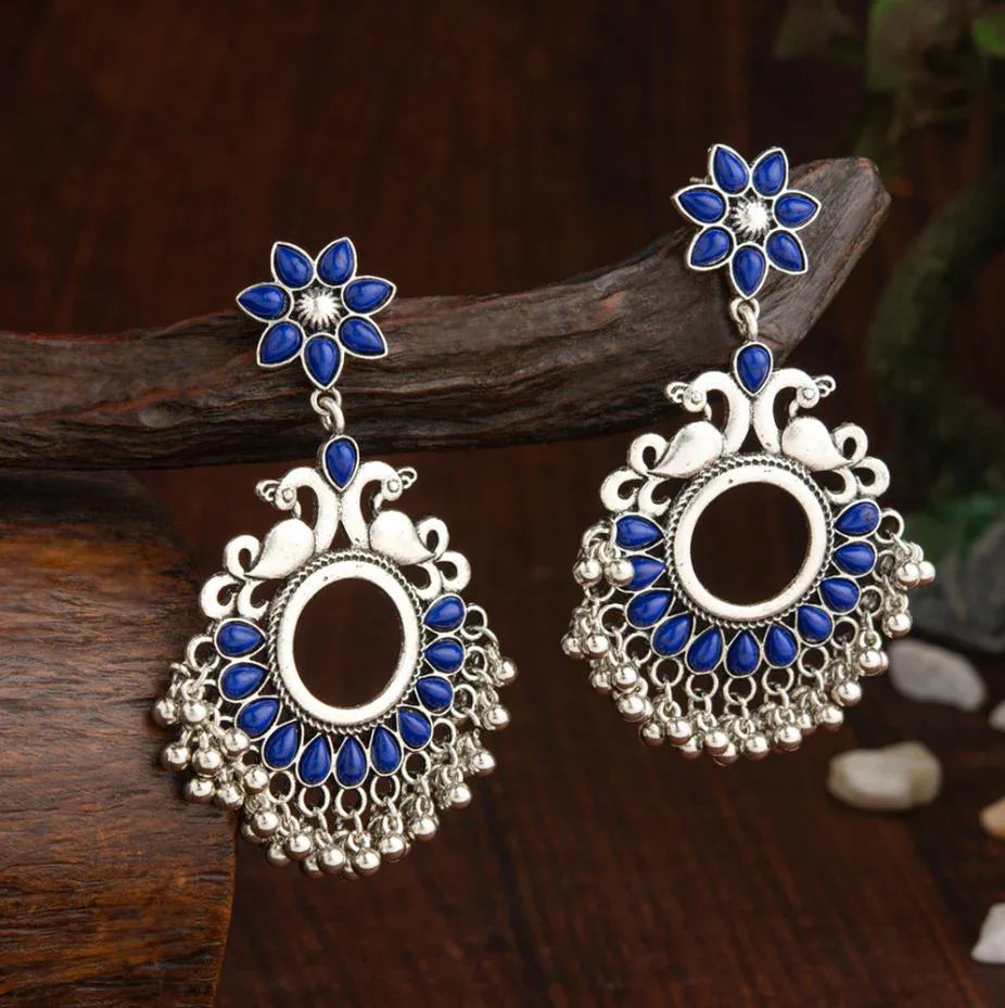 Oxidised Silver Peacock & Floral Kundan Earrings with Beads – Antique Finish - Shangri 