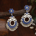Oxidised Silver Peacock & Floral Kundan Earrings with Beads – Antique Finish - Shangri 