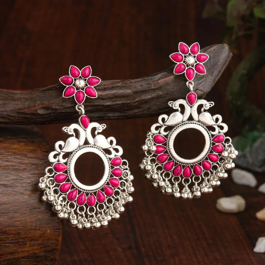 Oxidised Silver Peacock & Floral Kundan Earrings with Beads – Antique Finish - Shangri 
