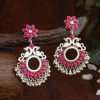 Oxidised Silver Peacock & Floral Kundan Earrings with Beads – Antique Finish - Shangri 