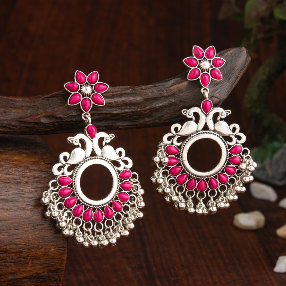 Oxidised Silver Peacock & Floral Kundan Earrings with Beads – Antique Finish