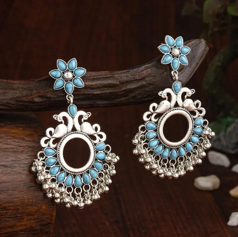 Oxidised Silver Peacock & Floral Kundan Earrings with Beads – Antique Finish - Shangri 