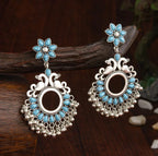 Oxidised Silver Peacock & Floral Kundan Earrings with Beads – Antique Finish - Shangri 