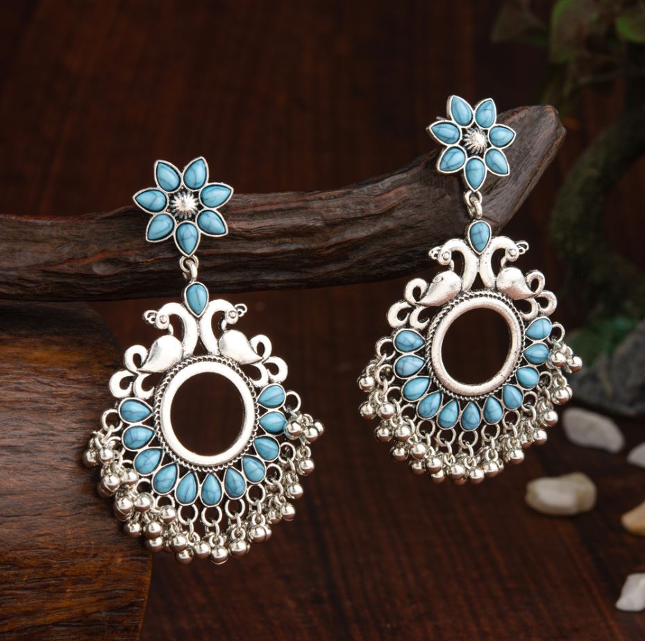 Oxidised Silver Peacock & Floral Kundan Earrings with Beads – Antique Finish
