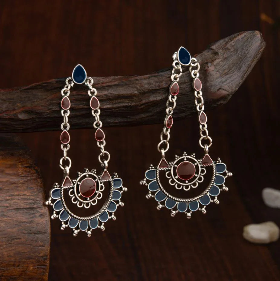 Silver-Plated Dual-Tone Enamel Artwork Antique Earrings - Shangri 