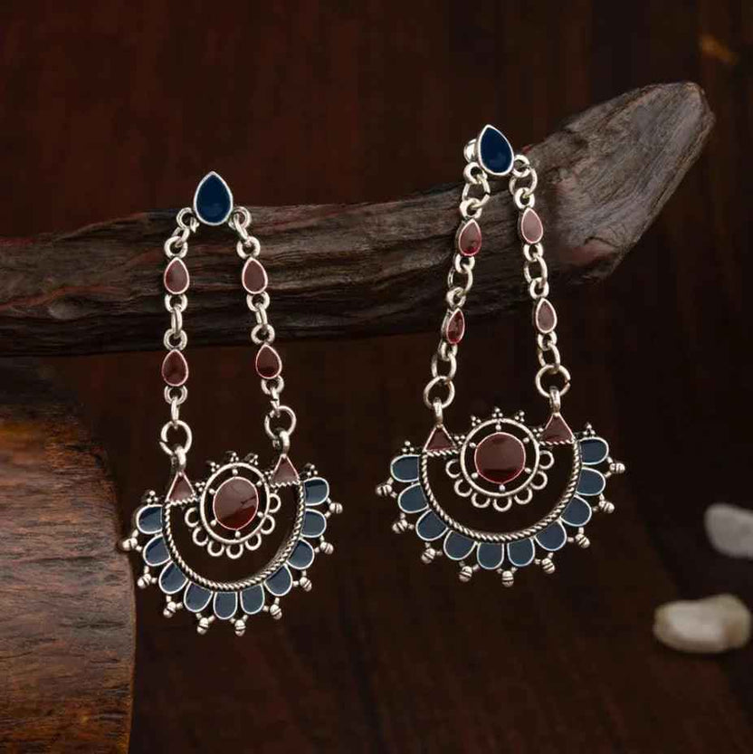 Silver-Plated Dual-Tone Enamel Artwork Antique Earrings