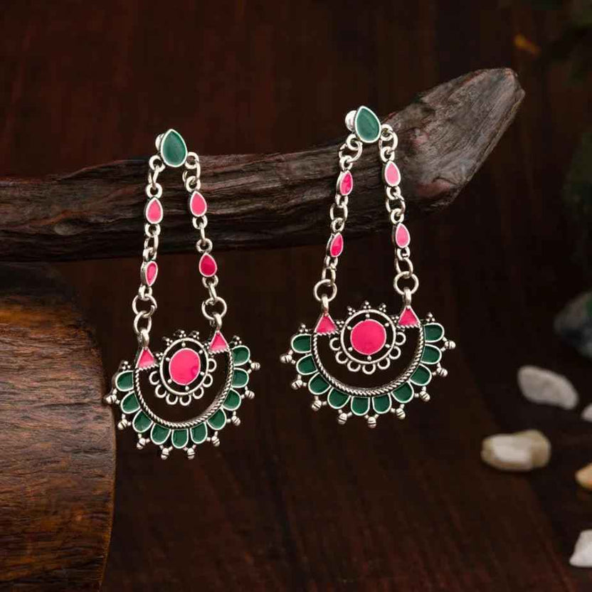 Silver-Plated Dual-Tone Enamel Artwork Antique Earrings