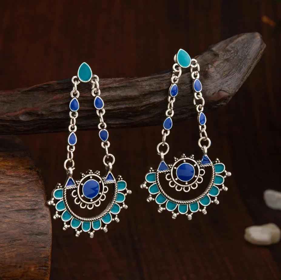 Silver-Plated Dual-Tone Enamel Artwork Antique Earrings