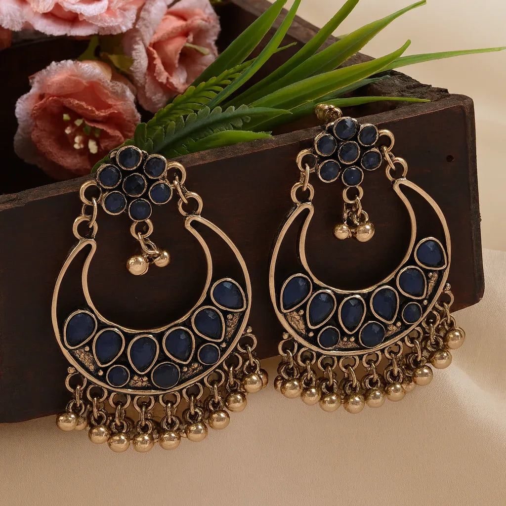 Antique Gold/Silver Plated Chandbali Earrings with Hanging Beads - Shangri 
