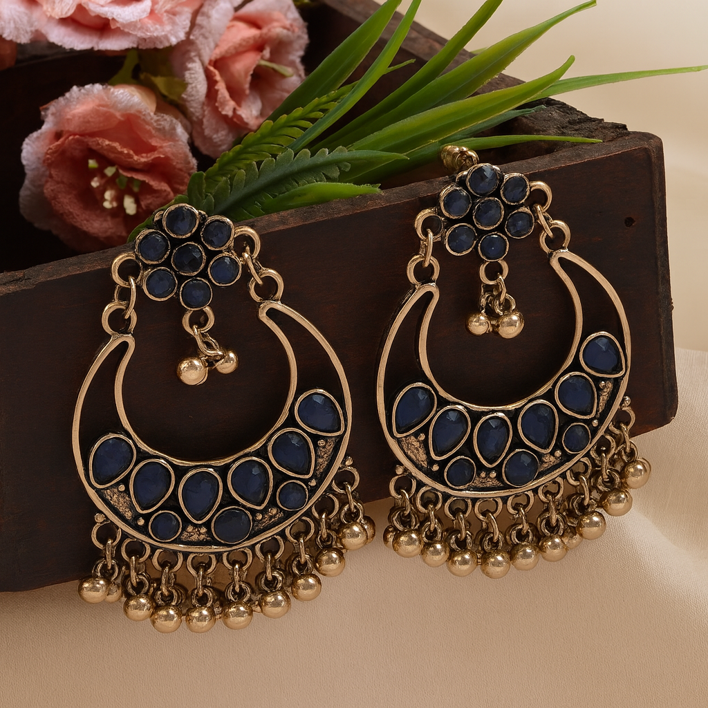 Antique Gold/Silver Plated Chandbali Earrings with Hanging Beads