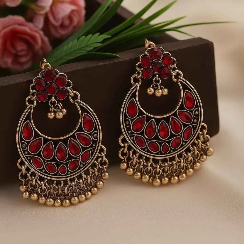 Antique Gold/Silver Plated Chandbali Earrings with Hanging Beads