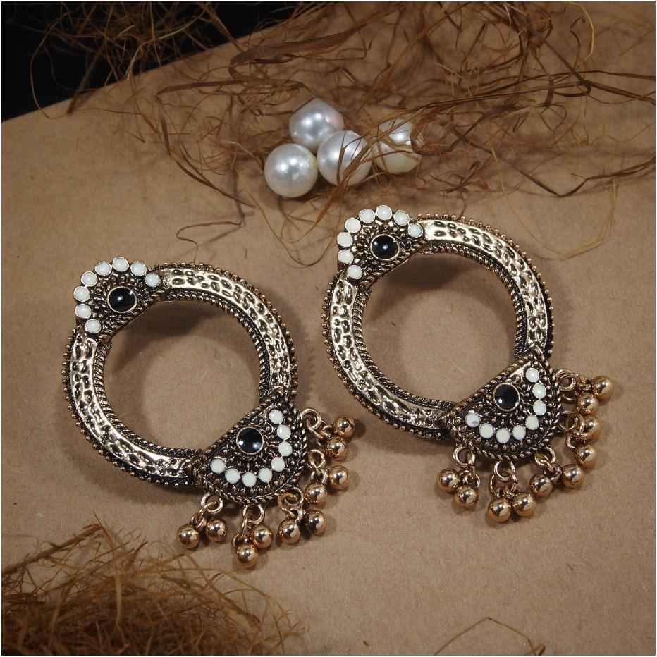 Antique Gold Plated Circular Shaped Earring with Floral Enamel Work & Ghungroos
