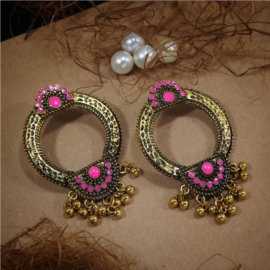 Antique Gold Plated Circular Shaped Earring with Floral Enamel Work & Ghungroos