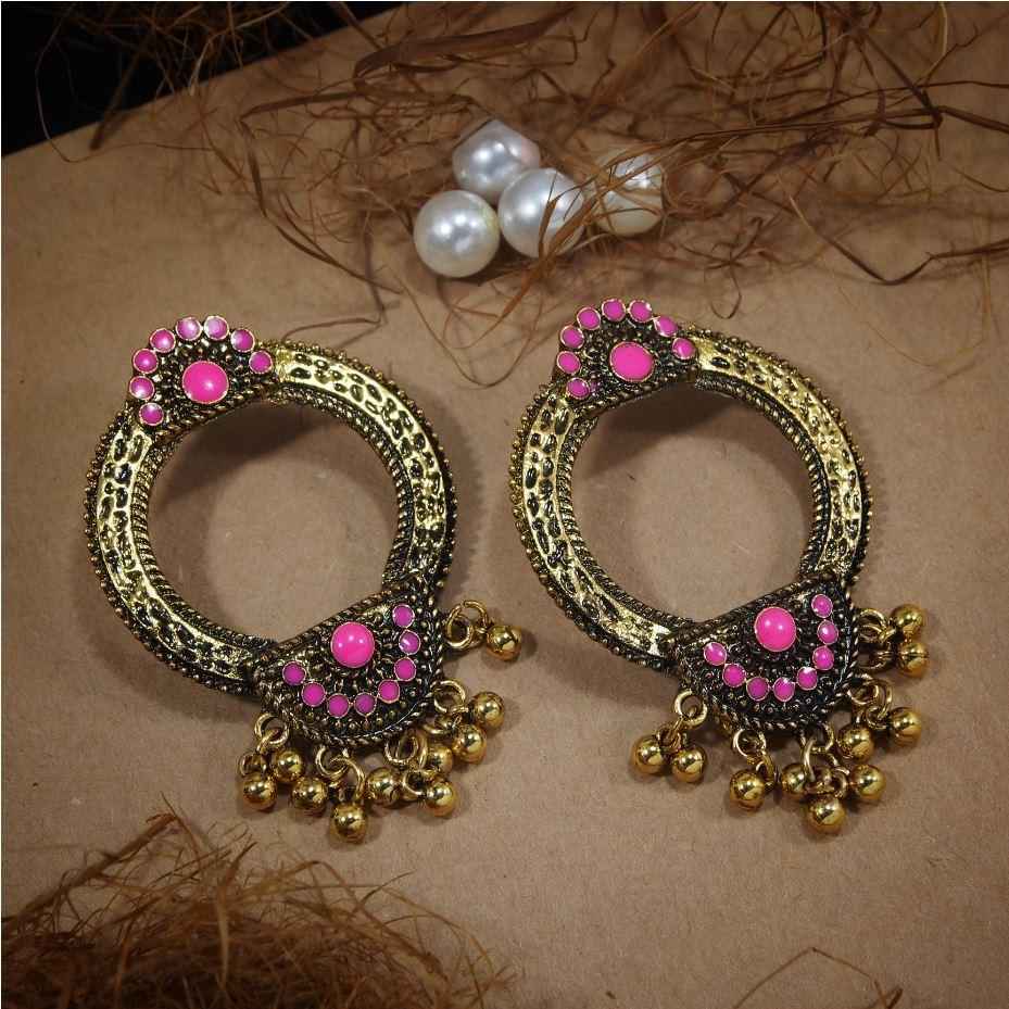 Antique Gold Plated Circular Shaped Earring with Floral Enamel Work & Ghungroos