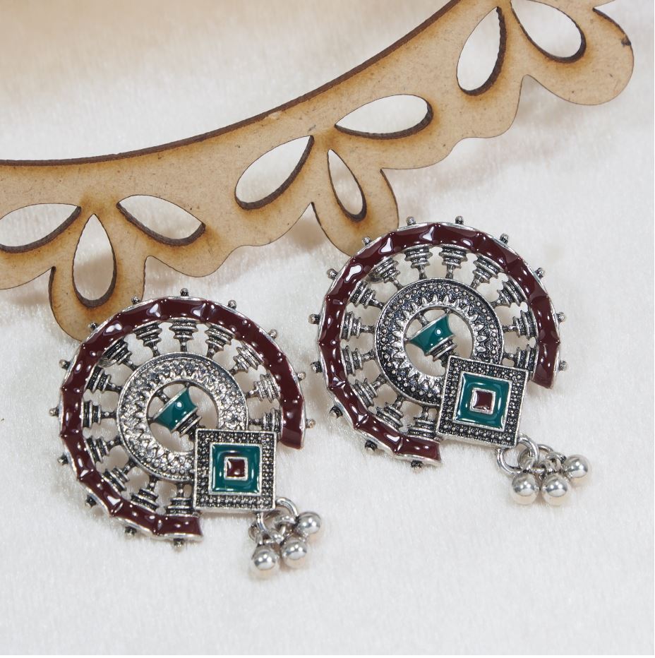 Antique Silver/Gold Plated Enamel Artwork Earrings – Multi-Color Design