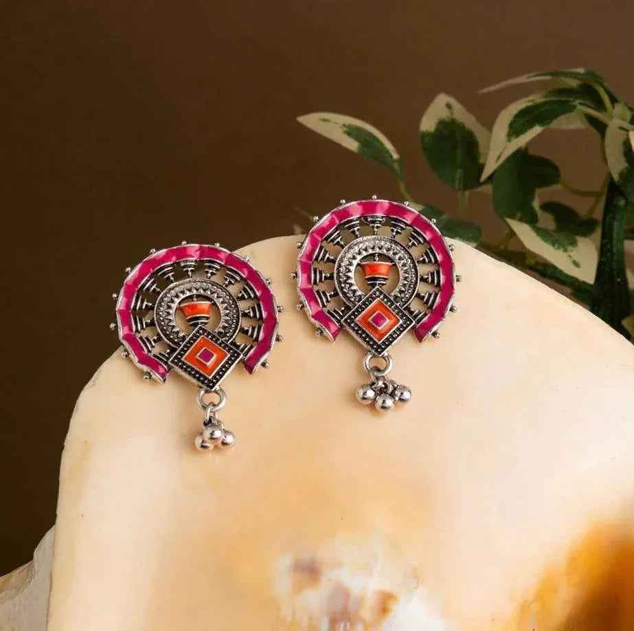 Antique Silver/Gold Plated Enamel Artwork Earrings – Multi-Color Design