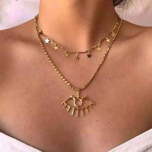 Shangri Celestial Evil Eye Layered Necklace – Gold Plated Star Charm Pendant